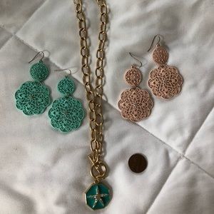 2 sets of earrings and nautical necklace